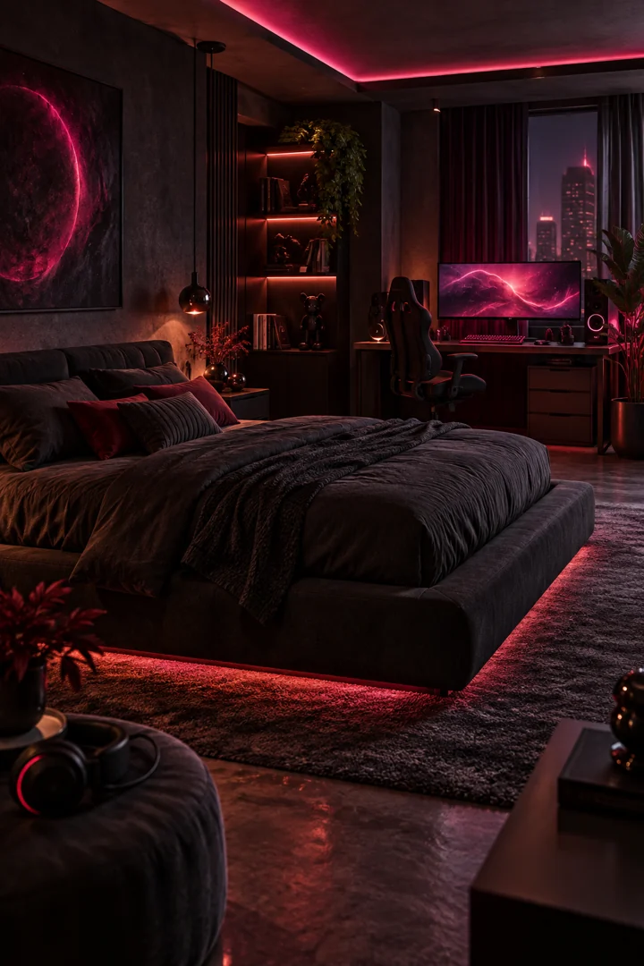 Concept creator studio with a gaming desk and pink lighting